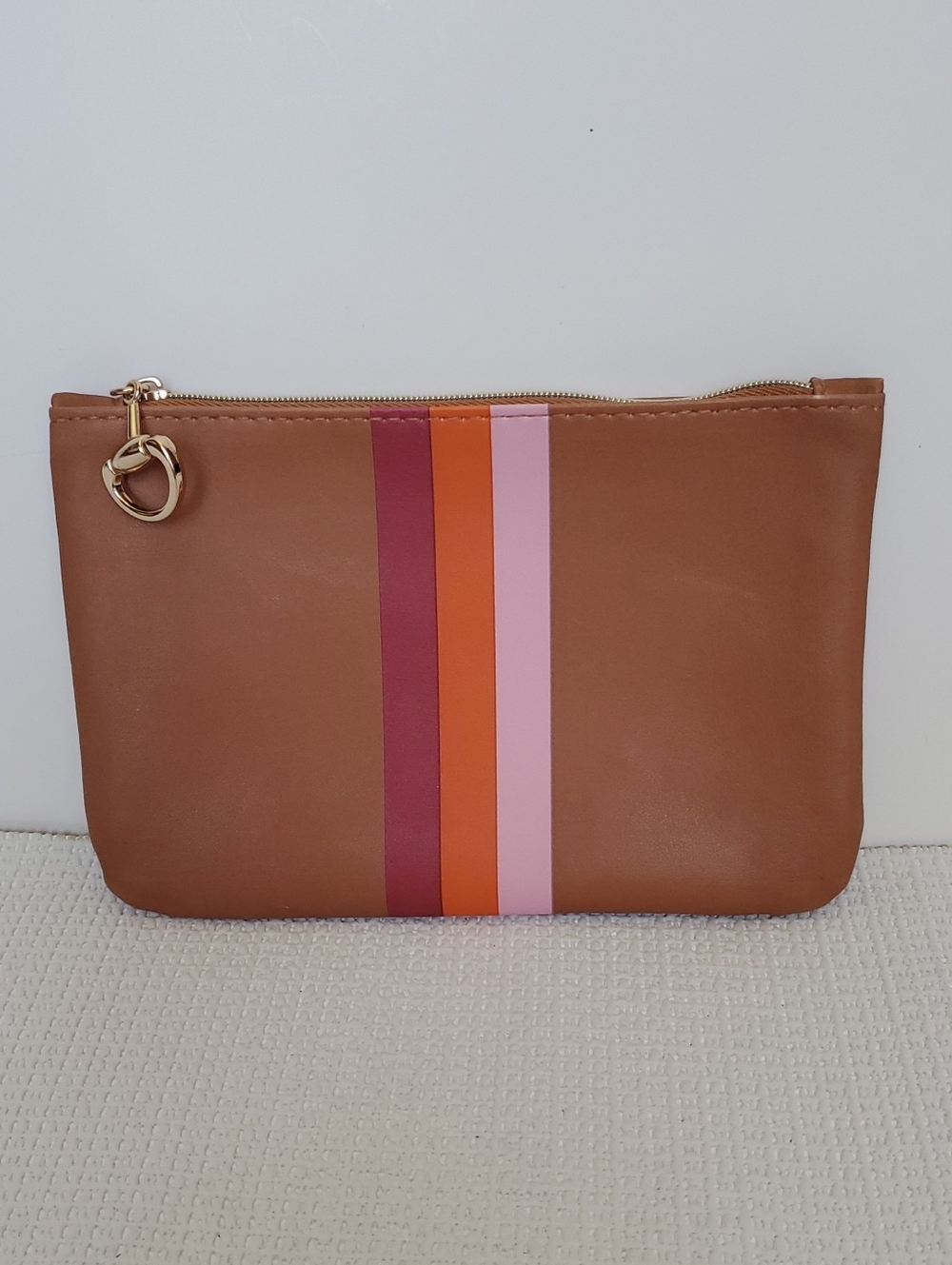 Ipsy Brown Faux Leather Zip Cosmetic Bag with Pink, Orange & Burgundy Stripes